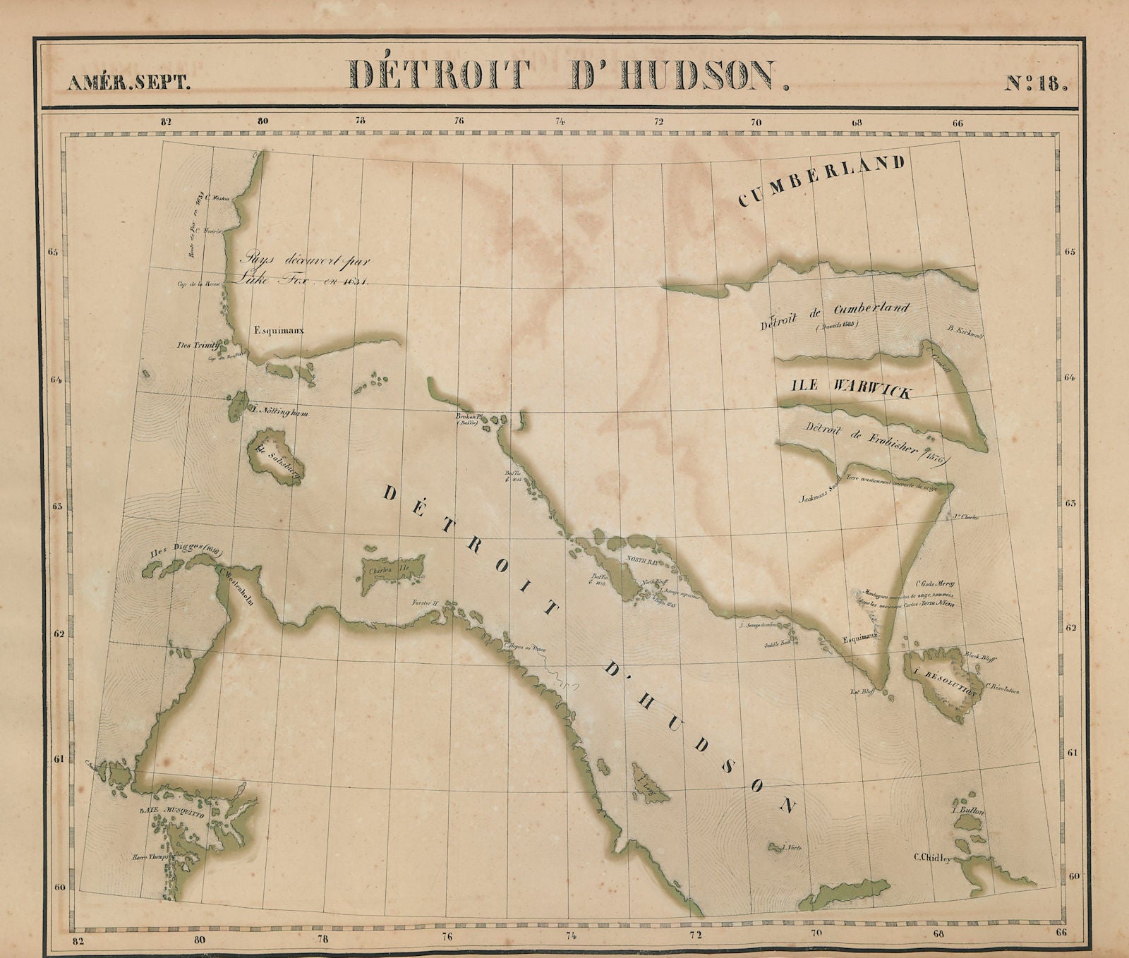 Amér Sep. Détroit d'Hudson Strait #18 Baffin Island Canada VANDERMAELEN 1827 map